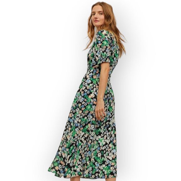 H&M Midi Dress Size Small Black Florals Side Slit Sweetheart Neckline - Picture 13 of 14